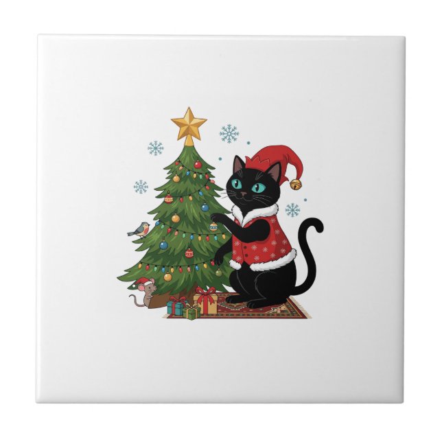 Christmas Black Cat Santa Hat Tree Mouse Tile (Front)