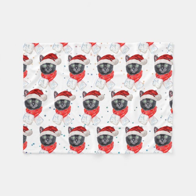 Christmas Black Cat with Red Scarf Fleece Blanket (Front (Horizontal))