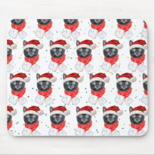 Christmas Black Cat with Red Scarf Mouse Pad