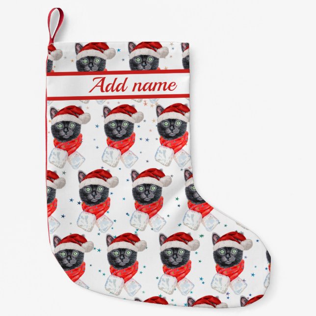 Christmas Black Cat with Red Scarf Small Christmas Stocking (Front)