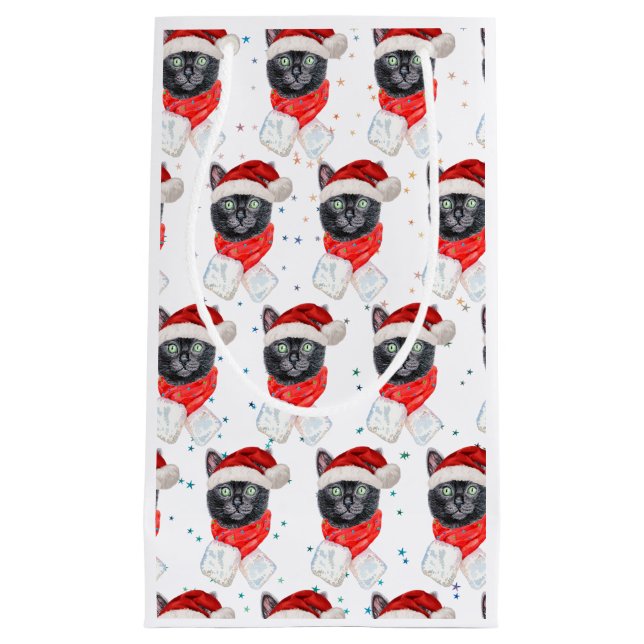Christmas Black Cat with Red Scarf Small Gift Bag (Front)