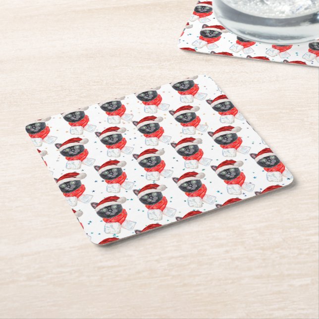 Christmas Black Cat with Red Scarf Square Paper Coaster (Angled)