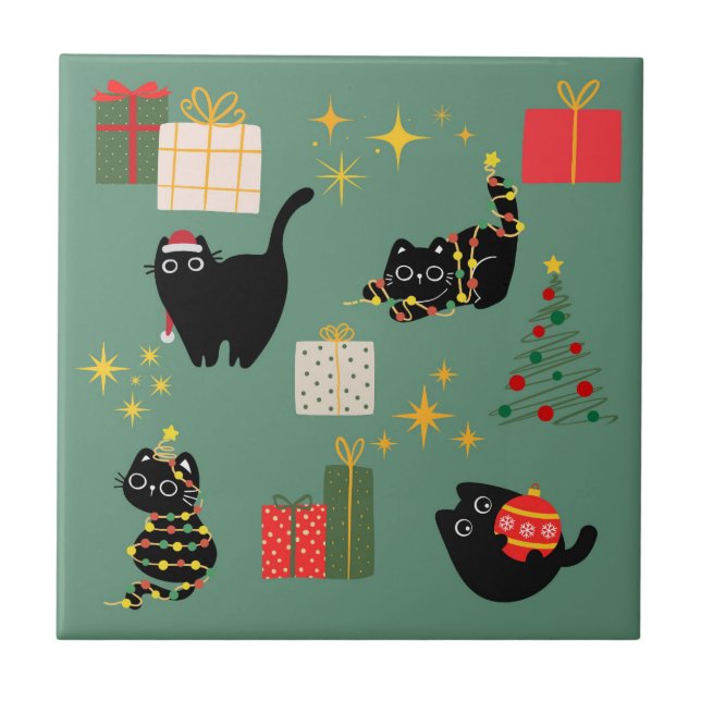 Christmas Black Cats Tile (Front)