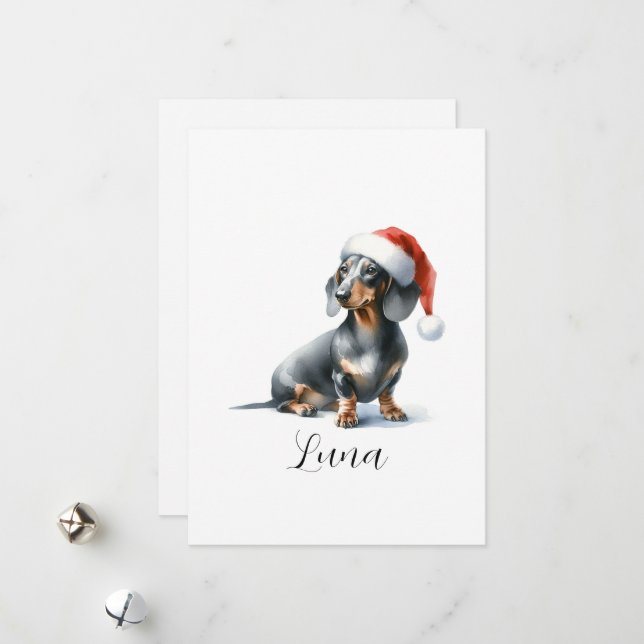 Christmas Black Dachshund Dog Hat Holiday Card (Front/Back In Situ)