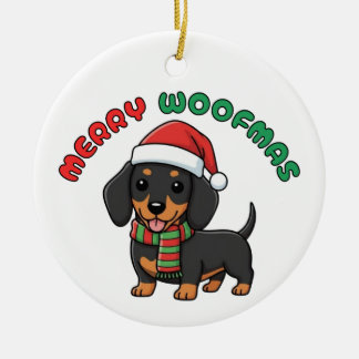 Christmas Black Dachshund Ornament: Merry Woofmas Ceramic Tree Decoration