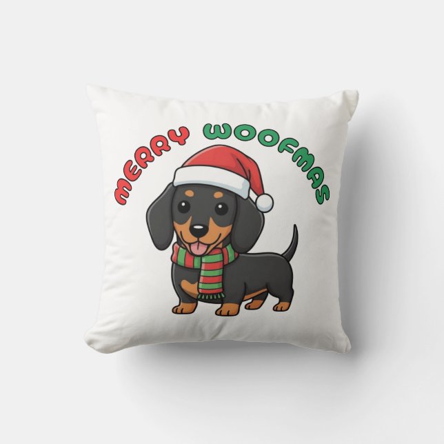 Christmas Black Dachshund Pillow: Merry Woofmas Cushion (Front)