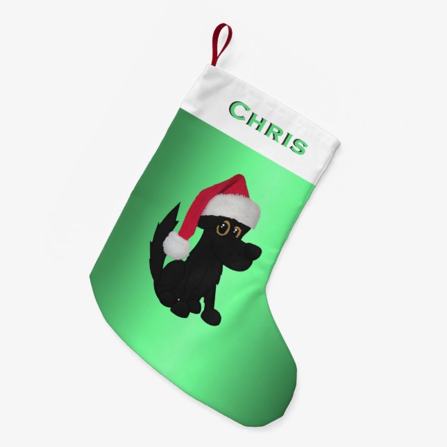 Christmas Black Dog Green Personalised Small Christmas Stocking (Front (Hanging))