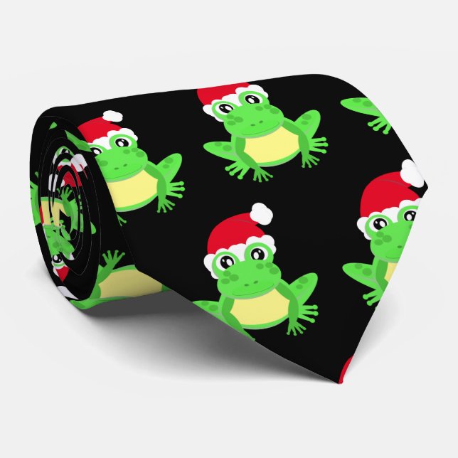 Christmas Black Frog Santa Hat Pattern Novelty  Tie (Rolled)