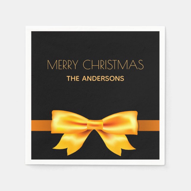Christmas black gold bow family name napkin (Front)