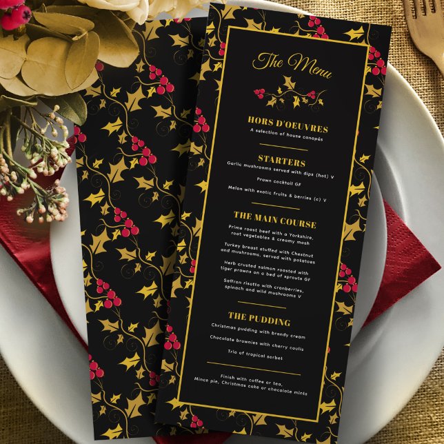 Christmas black gold holly red berry four course menu (Creator Uploaded)