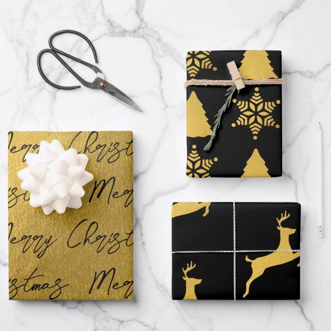 Christmas Black & Gold Pattern  Wrapping Paper Sheet (Front)