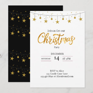 Christmas Black Gold Star & Bauble Motif Invitation