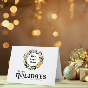 Christmas Black Gold Wreath Corporate Happy Holiday Card