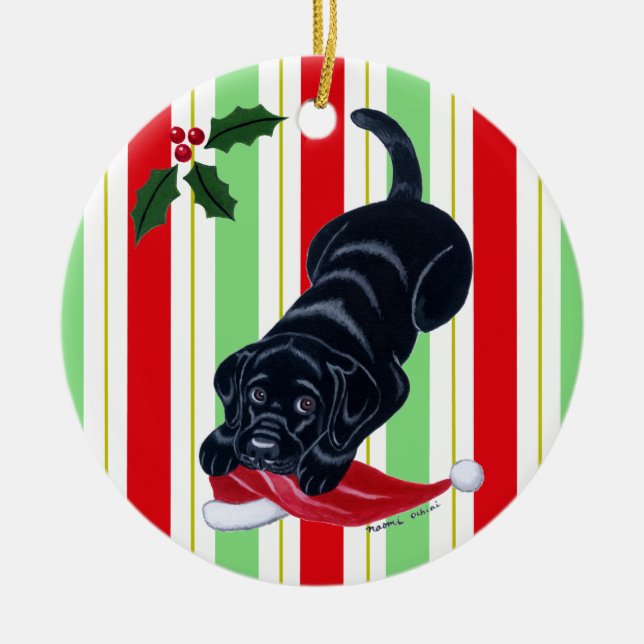Christmas Black Lab Puppy Santa Hat Ceramic Tree Decoration (Front)