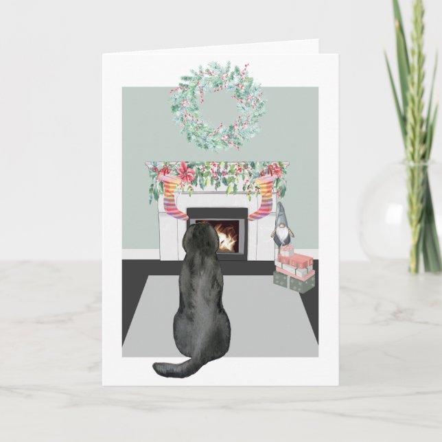 Christmas Black Labrador Dog Fireplace Scene Card (Front)