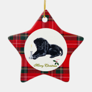 Christmas Black Labrador Puppy Tartan Ceramic Tree Decoration