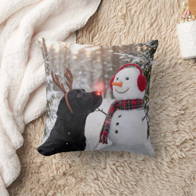 Christmas Black Labrador Retriever with Snowman Cushion (Blanket)