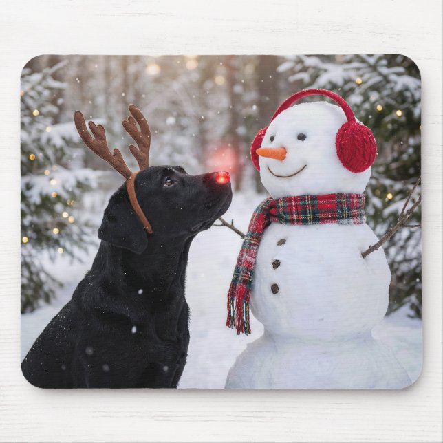 Christmas Black Labrador Retriever with Snowman Mouse Pad (Front)