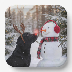 Christmas Black Labrador Retriever with Snowman Paper Plate