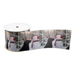 Christmas Black Labrador Retriever with Snowman Satin Ribbon
