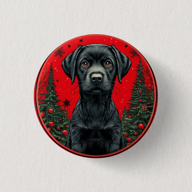 Christmas Black Labrador With Festive Trees 3 Cm Round Badge (Front)