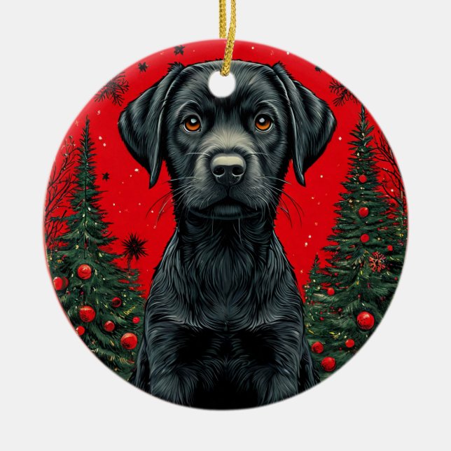 Christmas Black Labrador With Festive Trees Ceramic Tree Decoration (Front)