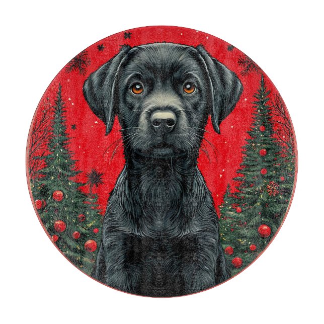 Christmas Black Labrador With Festive Trees Cutting Board (Front)