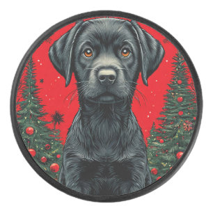 Christmas Black Labrador With Festive Trees Hockey Puck