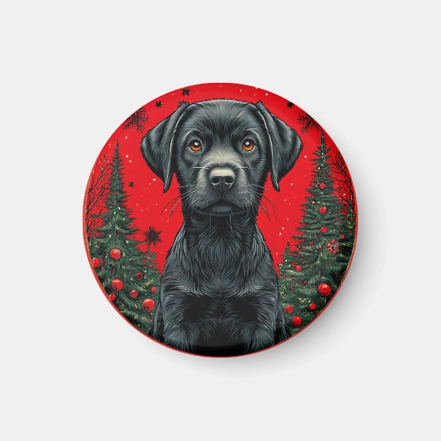 Christmas Black Labrador With Festive Trees Magnet (Front)