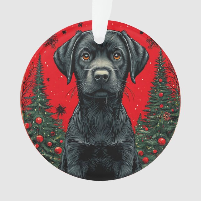 Christmas Black Labrador With Festive Trees Ornament (Front)