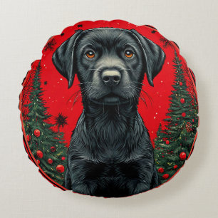Christmas Black Labrador With Festive Trees Round Cushion