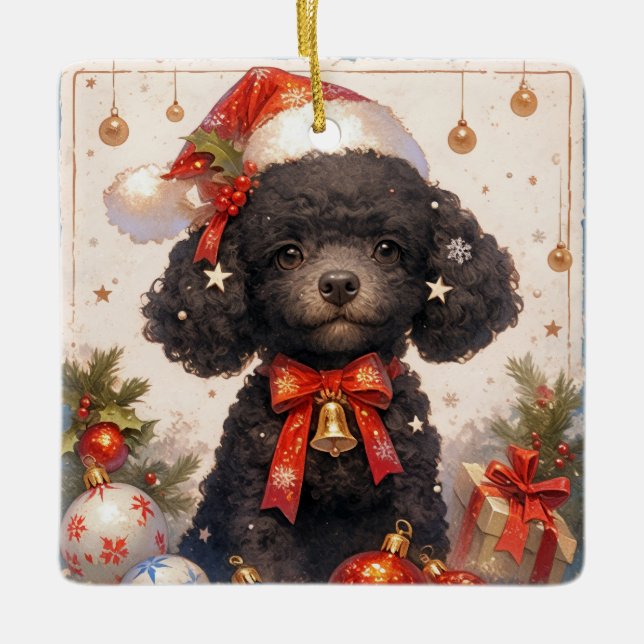 Christmas Black Poodle Dog Ceramic Ornament (Front)