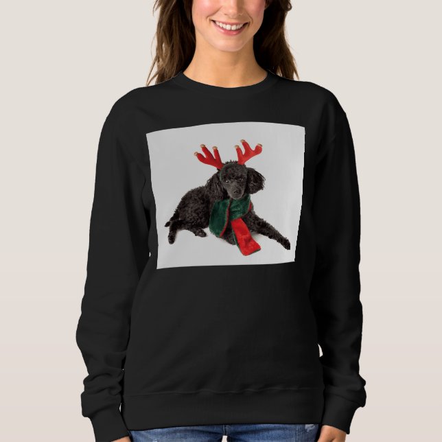 Christmas Black Poodle With Green Scarf Red Antler Sweatshirt (Front)