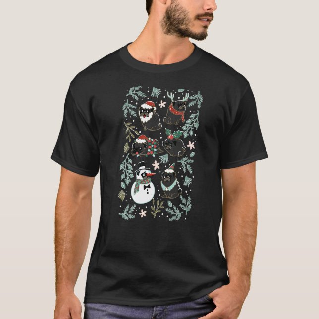 Christmas Black Pug T-Shirt (Front)