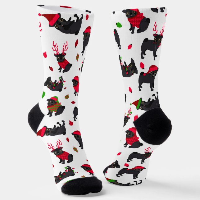 Christmas Black Pugs White Socks (Angled)