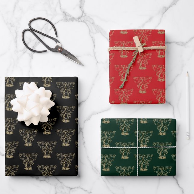 Christmas black red dark green gold bells cute  wrapping paper sheet (Front)