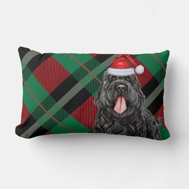 Christmas Black Russian Terrier Dog Holiday Plaid Lumbar Cushion (Front)
