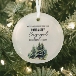 Christmas Black Rustic Pine Trees Couple Engaged Glass Tree Decoration