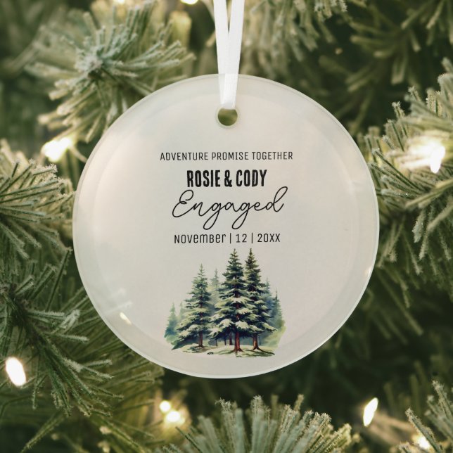 Christmas Black Rustic Pine Trees Couple Engaged Glass Tree Decoration (Insitu)