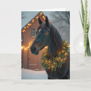 Christmas Black Stallion With Wreath Holiday Card