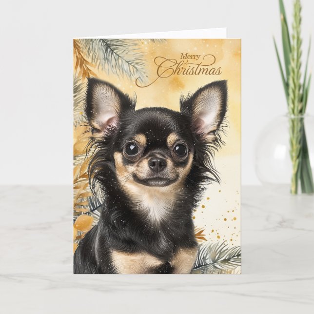Christmas Black Tan Chihuaua Dog Golden Pines Holiday Card (Front)