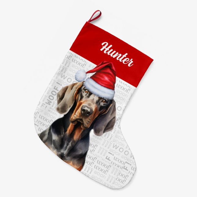 Christmas Black Tan Coonhound with Dog's Name Large Christmas Stocking (Front (Hanging))