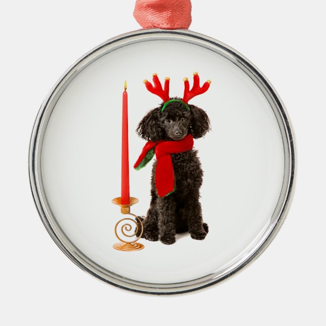 Christmas Black Toy Poodle Dog Dressed as Reindeer Metal Tree Decoration (Front)