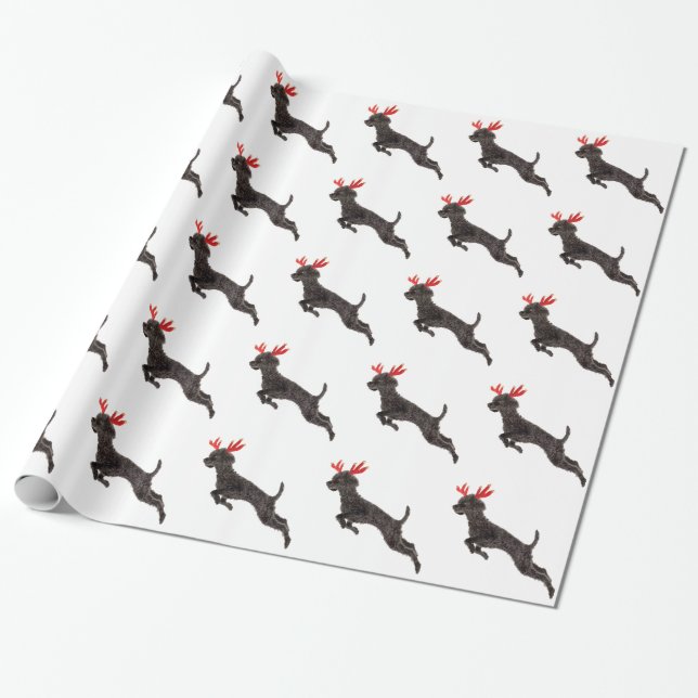 Christmas Black Toy Poodle Dog Reindeer Antlers Wrapping Paper (Unrolled)