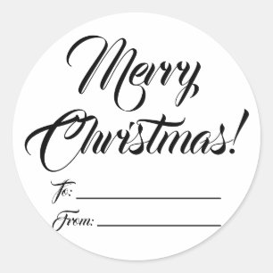 Christmas black white to from blank script elegant classic round sticker