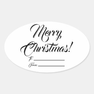 Christmas black white to from blank script elegant oval sticker
