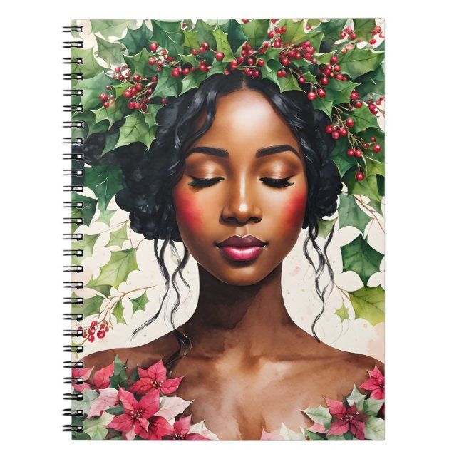 Christmas Black Woman Holly and Poinsettia Art Notebook (Front)