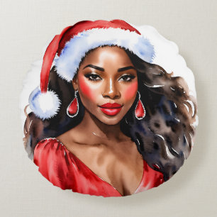 Christmas Black Woman Santa Hat Round Cushion