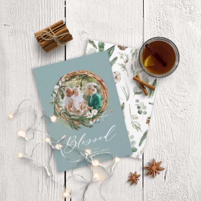 Christmas blessed botanical dusty blue 1 photo holiday card (Creator Uploaded)
