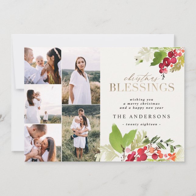 Christmas blessing gold photo watercolor foliage holiday card (Front)